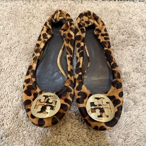 Tory Burch Reva Ballet Flats Shoes Womens Size 7.5 Brown Leopard Fur Logo